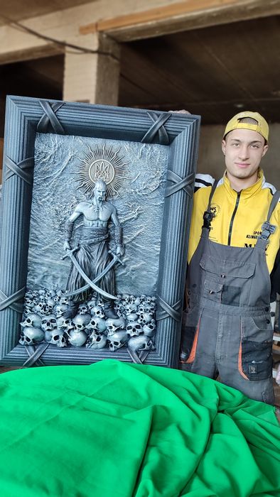 "Козак Мамай" з Тризубом - різьблена 3Dкартина з дерева, подарунок ЗСУ