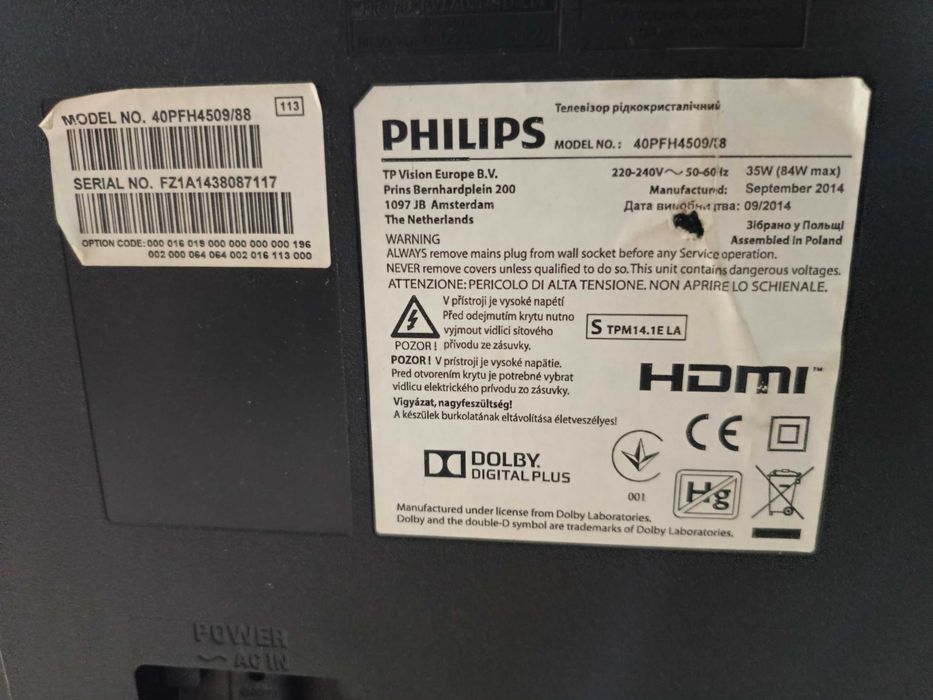 telewizor philips 40PFH4509/88 uszkodzony