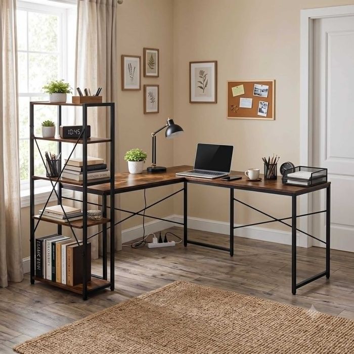 Nowe Biurko Gamingowe Z Regałem 4 Półki Loft Mdf Metal Do Pracy I Akcesoria Gamingowe Brązowe Orzechowe Ciemne Narożne