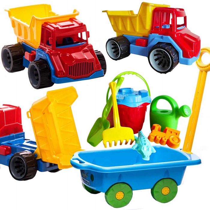 Wywrotka + wóz taczka z raczką + foremki do piasku