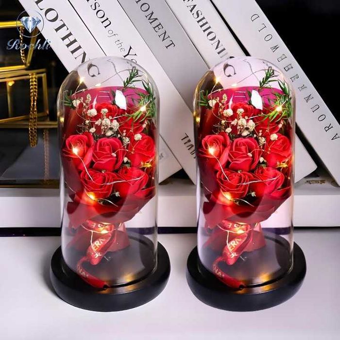 Wieczna róża piękny bukiet róż w szkle świecąca lampa led Walentynki