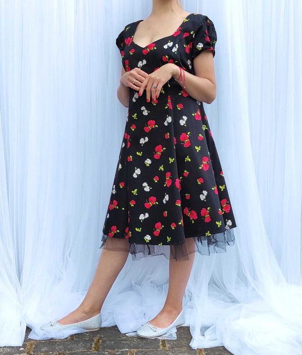 Sukienka Joe Browns midi 48 4XL plus size retro pin up czarna kwiaty