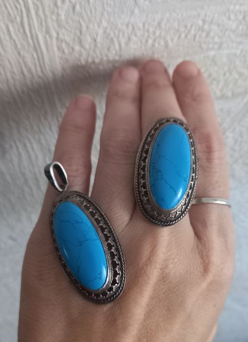 925 серебро серебряный комплект кольцо  кулон бирюза
