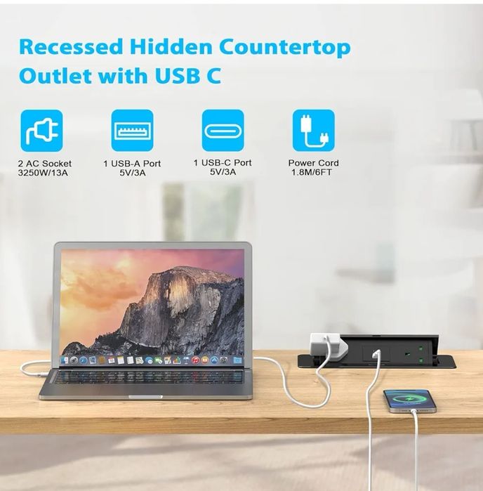 Gniazdo zasilania biurkowego z USB C PD20W,