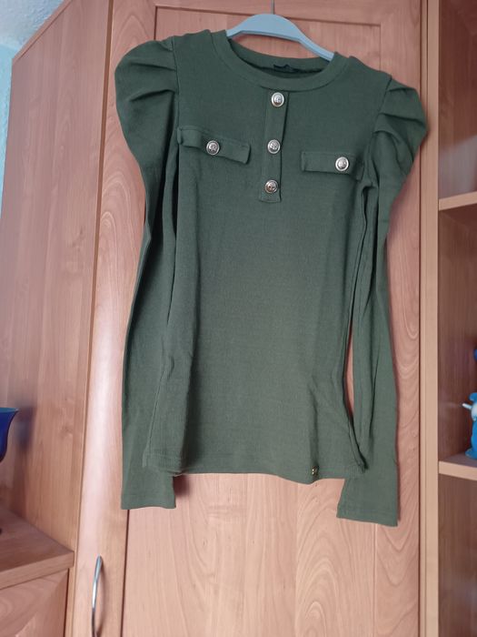 Nowa bluzeczka prążek bufki srebrne guziki khaki r uniwersalny XS/S/M