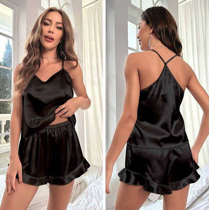 Czarna piżama damska satynowa dwuczęściowa spodenki top
