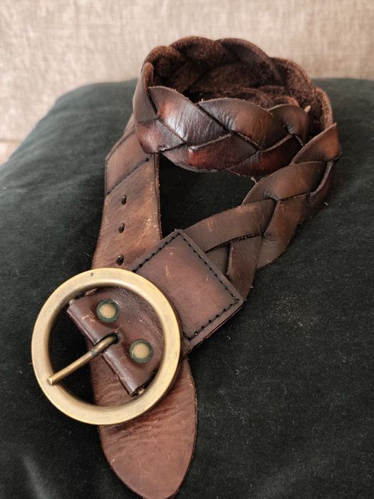 Brązowy skórzany pleciony pasek damski