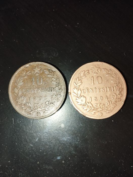 Moedas de 10 Centesimi 1862, 1863, 1866, 1893 e 1894 Itália em Cobre