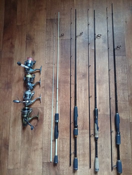 Рыболовный снасти - катушки Shimano, Salmo. Спиннинги Flagman, Favorite, Fishing Roi. Блёсна - kuusamo,jaxon, Meeps, советские. Силиконовые приманки.