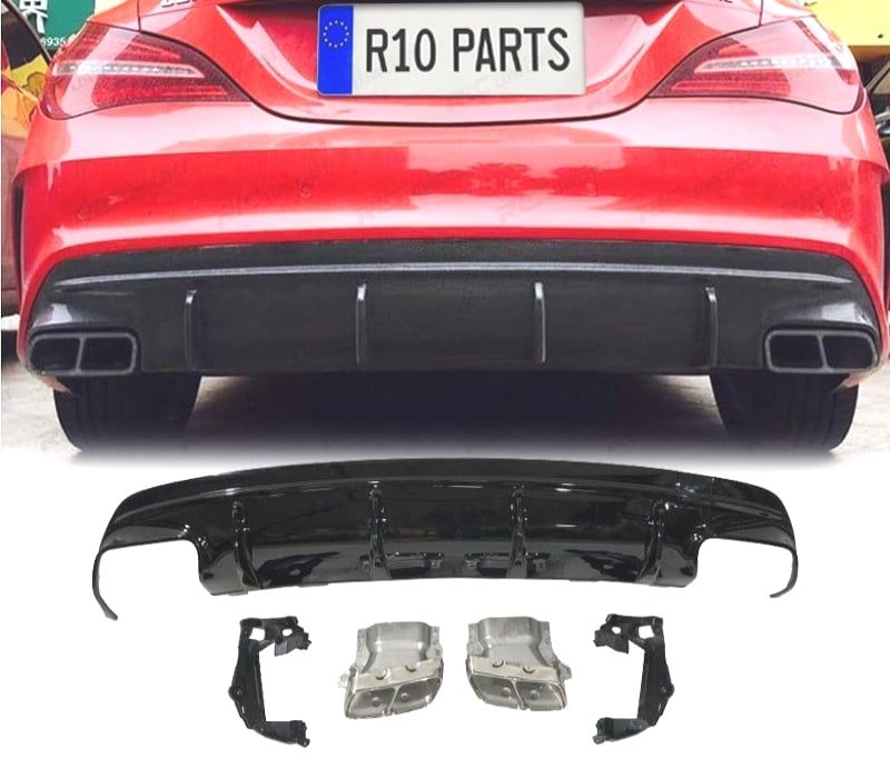 DIFUSOR TRASEIRO MERCEDES CLA W117 13-15 LOOK CLA45 PRETO BRILHANTE + SAÍDAS DE ESCAPE