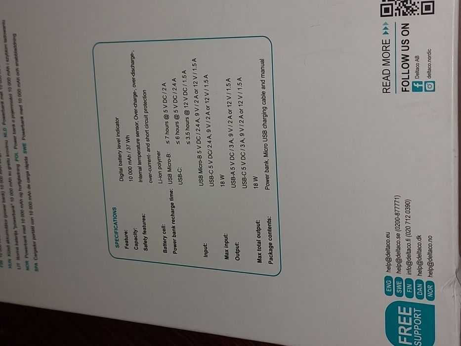 Powerbank DELTACO 10tys.mAh USB-C USB B USB-A fast charge kabel Sweden