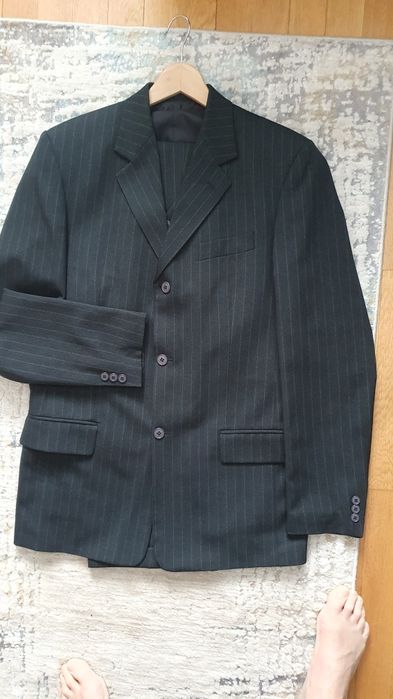 Garnitur męski z kamizelką szary w prążki - ALJEKA.