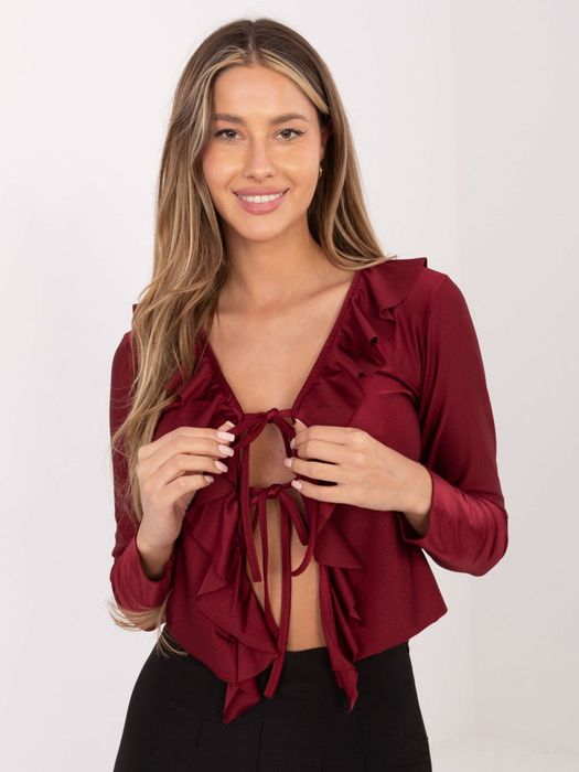 Bordowa bluzka damska krótka z wiązaniem i falbanami ITALY MODA