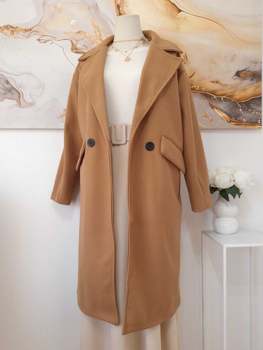 Płaszcz Damski Klasyczny Długi Brązowo Beżowy Camelowy Lily Rose