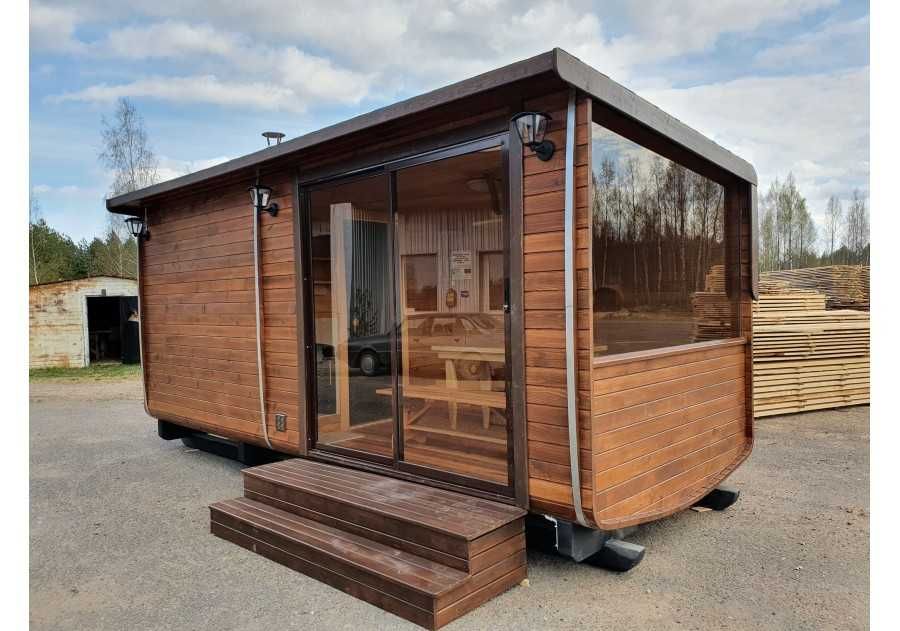 Sauna ogrodowa drewniana PING 5,0x2,4m beczka, ruska bania, fińska