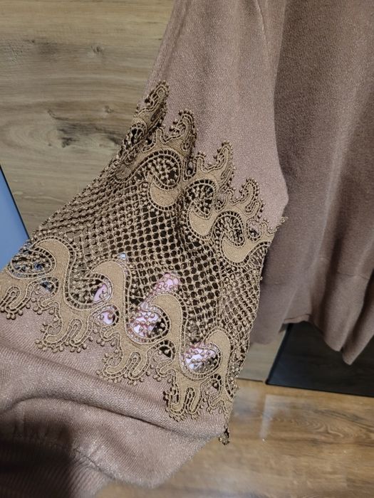 Sweter brązowy L ażurowe rekawy nowy bez metki