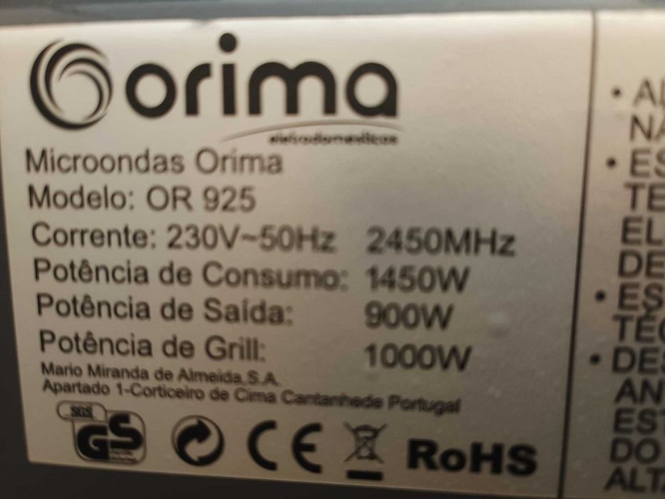 Microondas ORIMA OR 925, bom estado.