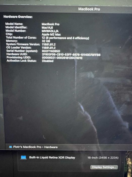 MacBook Pro 16" M2 Max 12-core CPU 38-Core GPU 32GB 1TB GWIEZDNA SZAROŚĆ