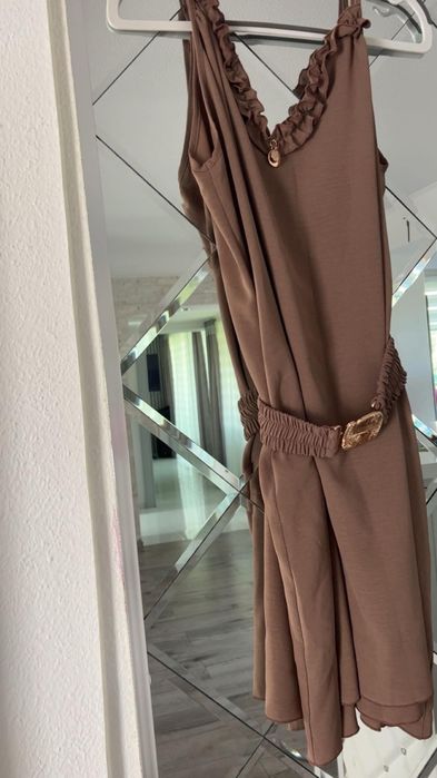 Sukienka elegancka luźna pasek beż s m l xl
