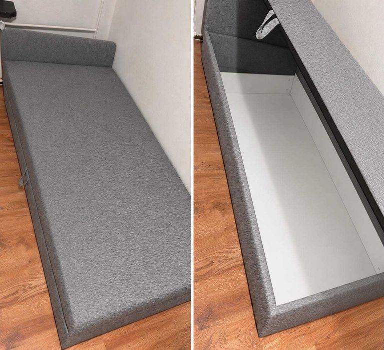 Szara sofa/tapczan młodzieżowa z funkcją przechowywania.
