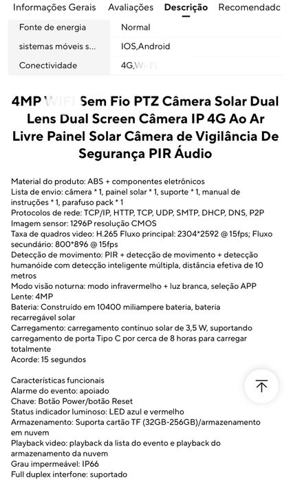 Camera duas lentes Solar 3G