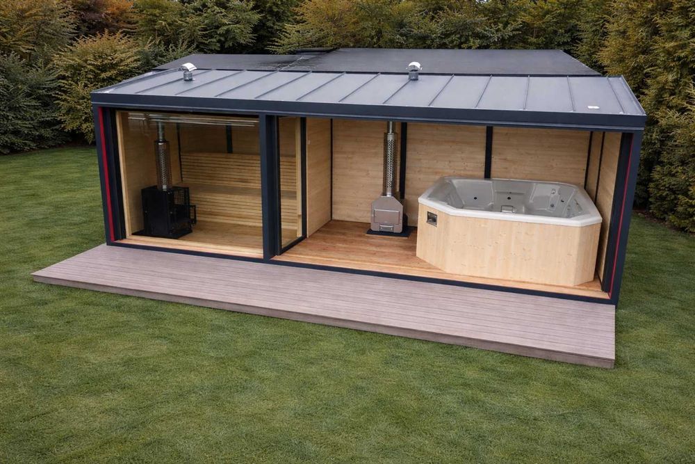 Sauna jacuzzi piec na drewno zestaw wellnes SPA taras balia domek