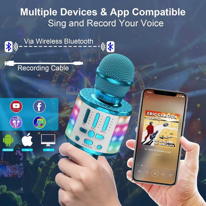 Microfone Karaoke Bluetooth Sem Fio Luzes LED  Gravação Natal