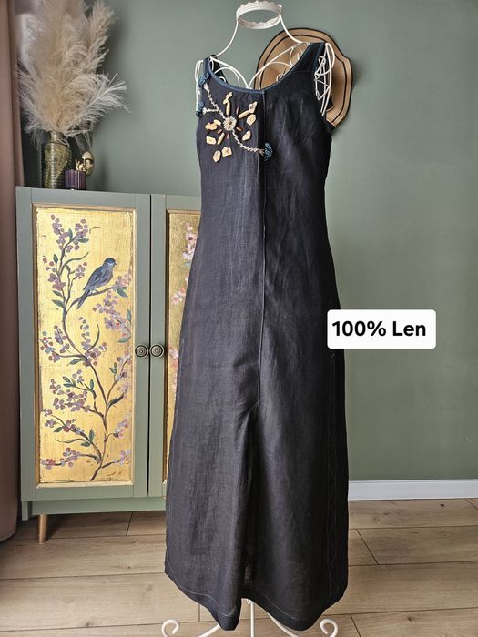 Luksusowa Lniana sukienka maxi dluga  100% len S/M koraliki boho