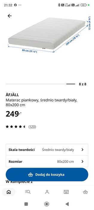 Materac piankowy ÅFJÄLL z IKEA, średnio twardy/biały, 80x200 cm