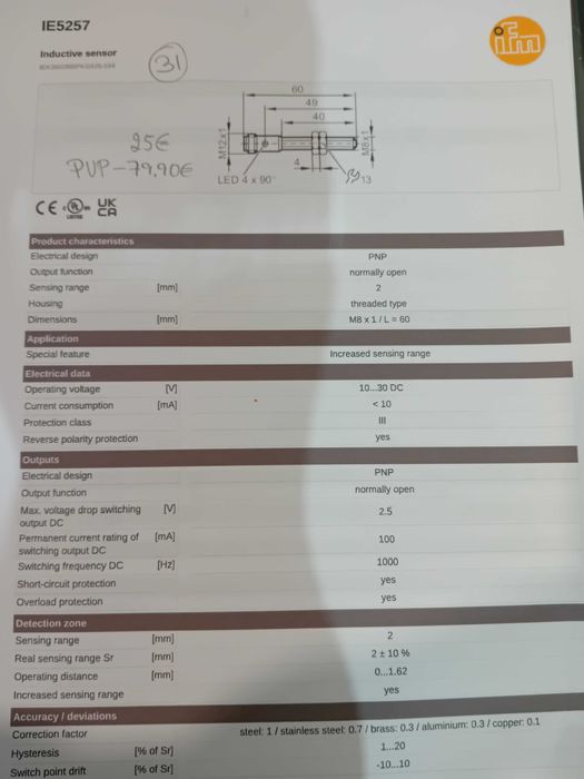Sensor indutivo 8mm pnp 24vdc IFM
