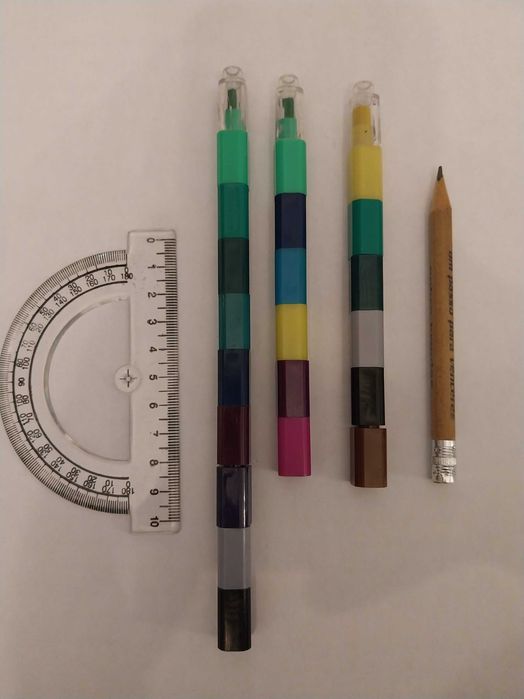 Lote material escolar, transferidor, lápis de cartão e lápis de cera