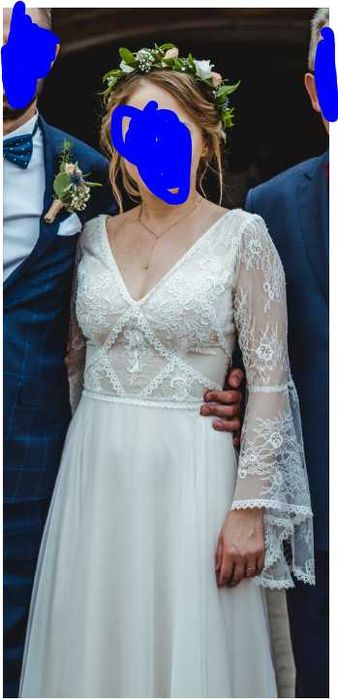 Unikatowa suknia ślubna boho z welonem, stan idealny
