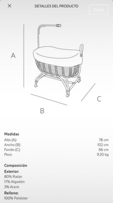 Berço em vime / ratá Zara Home. • Estrutura em verga. • Inclui dossel. • Base com rodízios para facilitar a movimentação.