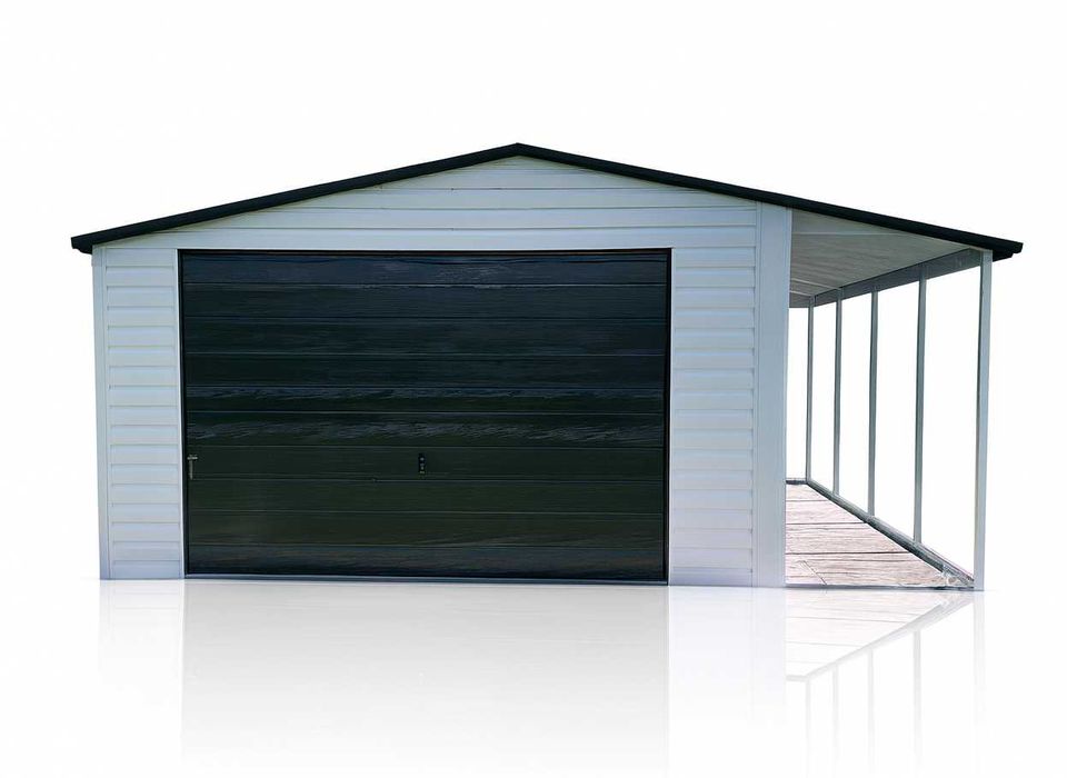 Garaż blaszany z wiatą 5x5 dach dwuspadowy, biały RAL + Ciemny Grafit
