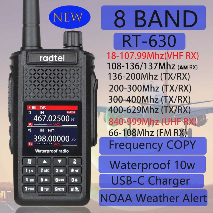 Radtel RT-630 8 Bands AM/CB/SSB/AM/FM/UHF/VHF 800-900M 10W,IP67 satcom
