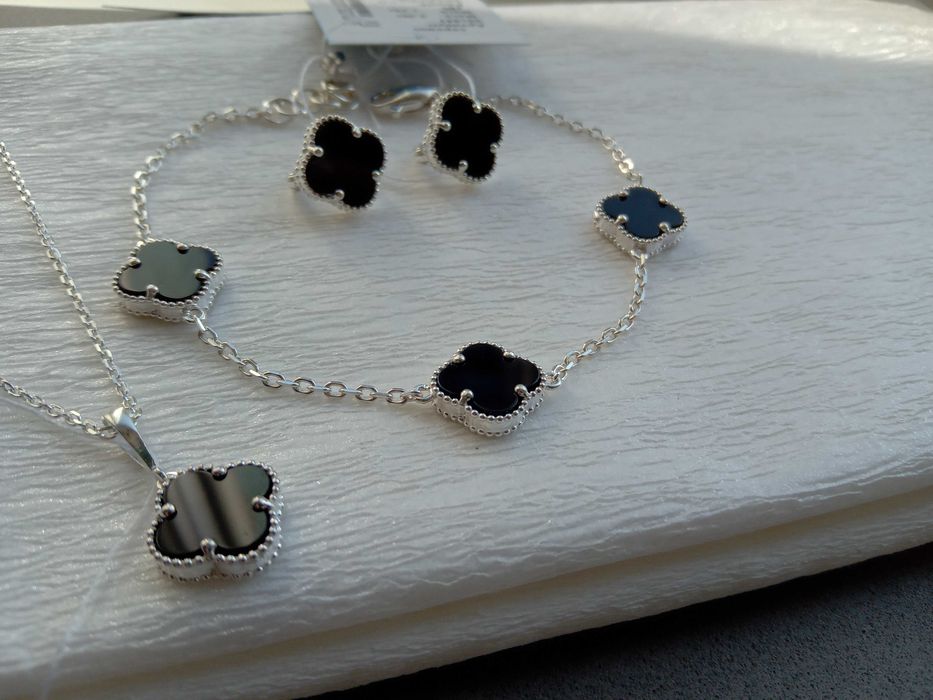 Серебряный подвес кулон Van Cleef Ван Клиф оникс черный белый клевер