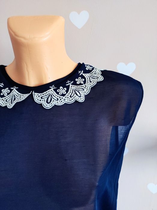 Granatowy prześwitujący top ozdobny kołnierzyk 38 M