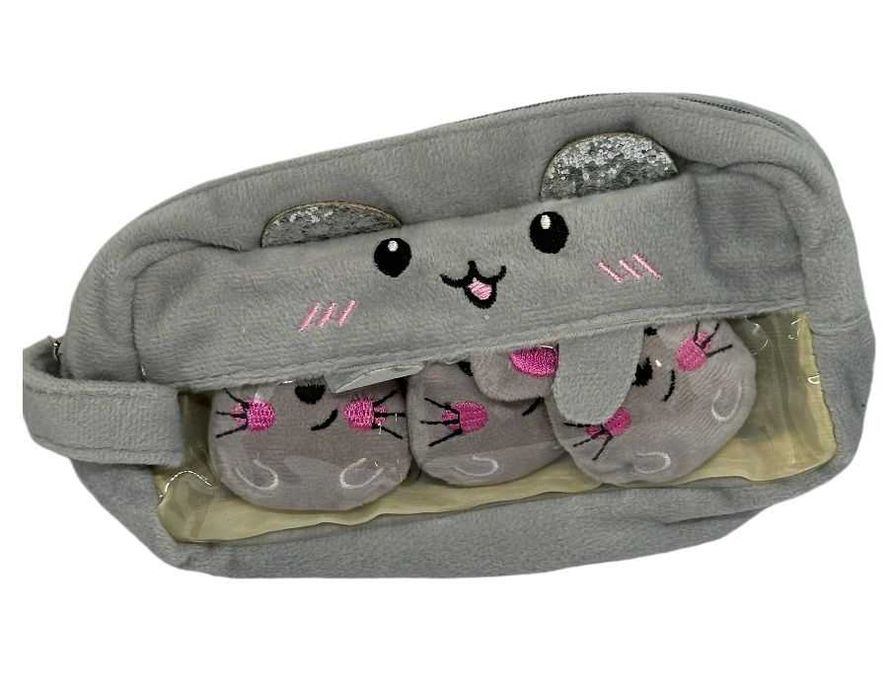 Piórnik szkolny szary pluszowy z 3 myszkami do przypięcia 20cm kod2220