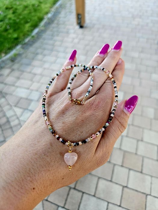 Naszyjnik Choker kamienie naturalne Kwarc różowy Hematyt