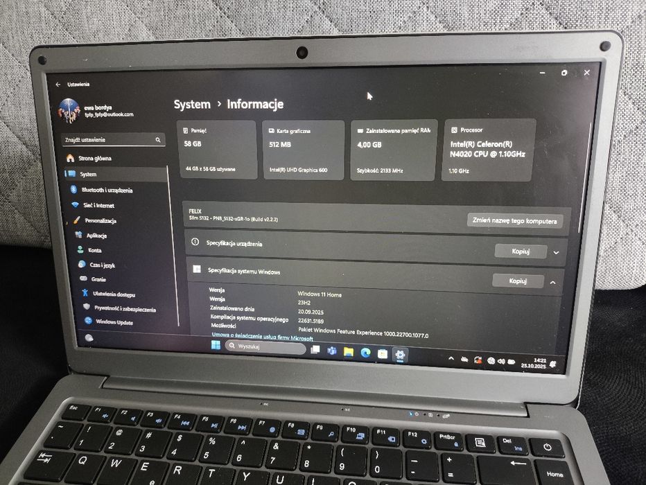 Peaq Notebook Slim S132 Intel N4020 4GB Ram 60GB Gwarancja Bateria 9h