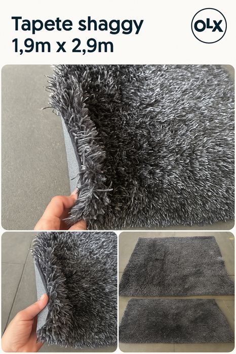 Tapete Shaggy cinzento 1,9m x 2,9m — ótimo estado