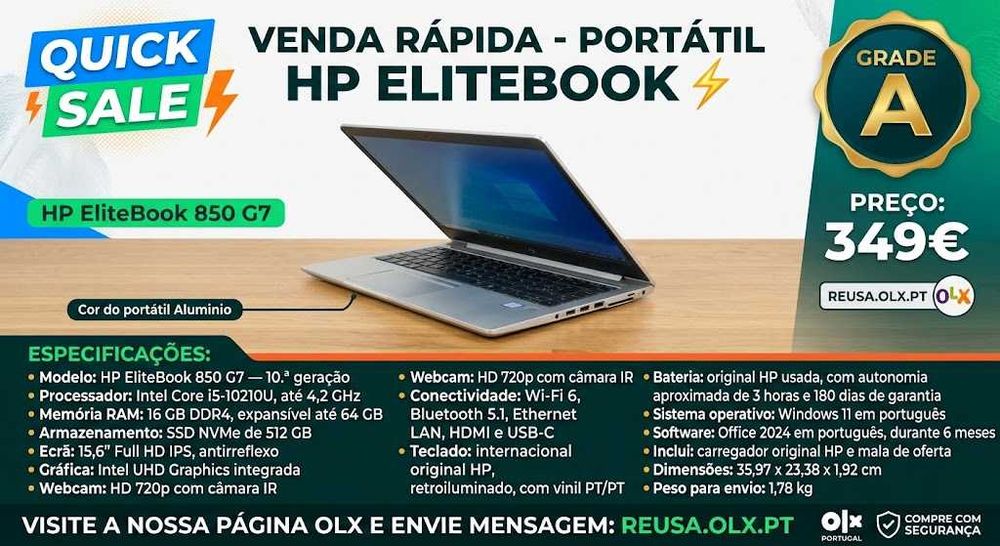 "Vendido!  HP EliteBook 850 G7 | 10.ª Gen | 15,6" FHD IPS | i5-10210U | 16GB DDR4 | NVMe 512GB | Mala | W11