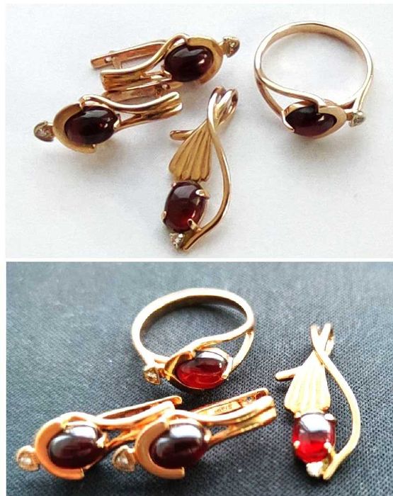 Набір золотих виробів Каблучка Сережки Підвіска вставка Гранат+Діамант