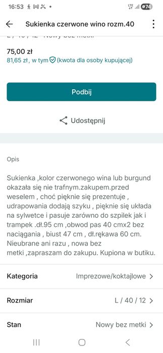 Sukienka L/40 czerwone wino