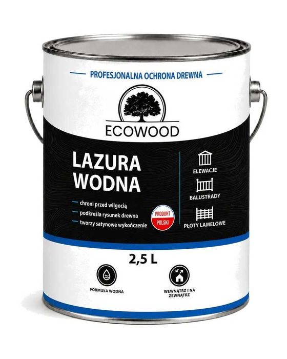 Lazura do drewna wodna Ecowood 2,5 L – płoty, elewacje, pergole, 9 kolorów