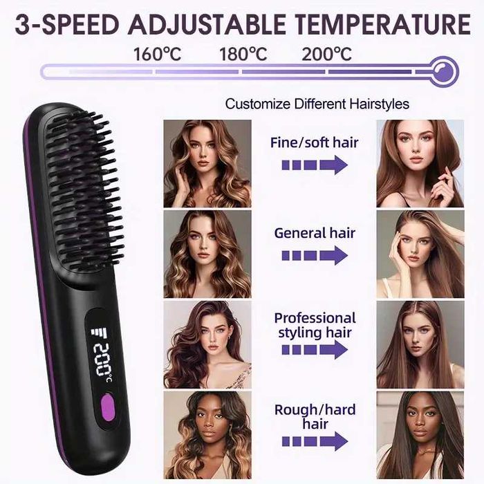 Escova alisadora cabelo. Portátil. USB. 3 níveis temperatura. Novo.
