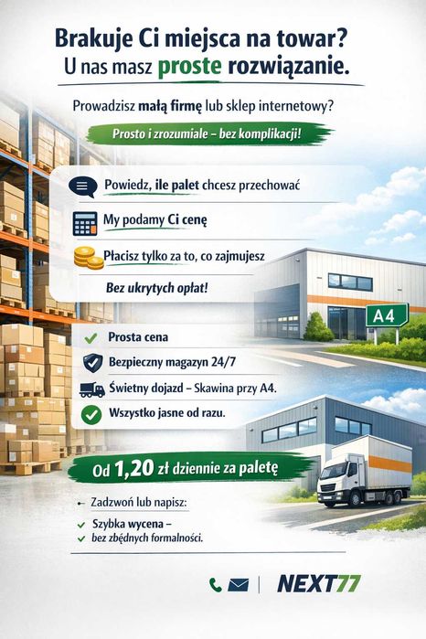 Miejsce paletowe od 1,20 zł/dobę w nowym ogrzewanym magazynie Kraków