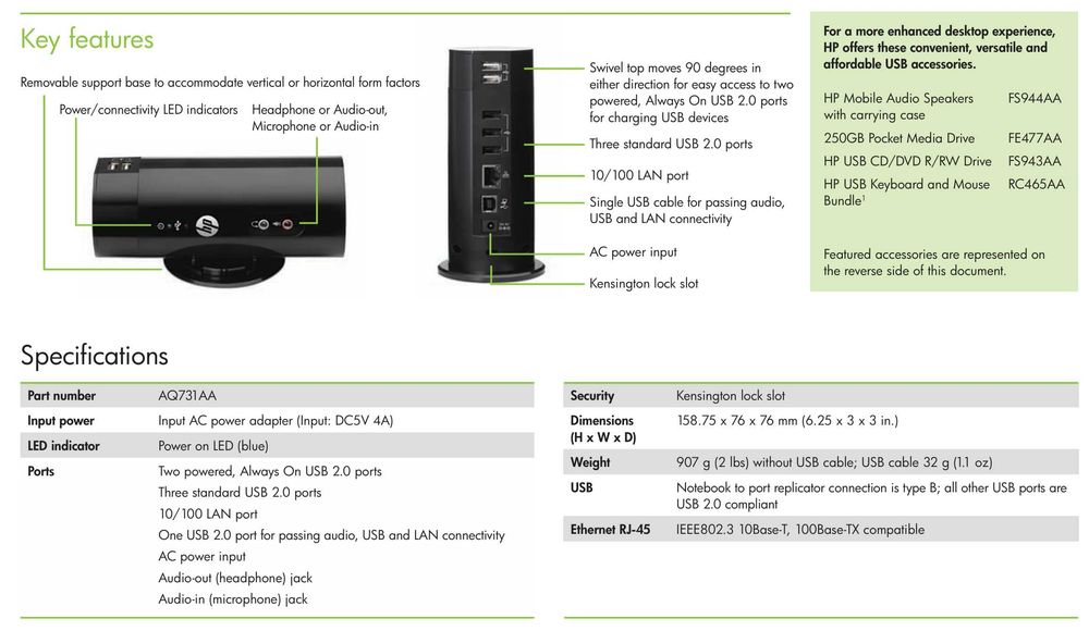 HP Essential USB 2.0 MEDIA stacja Port Replicator AQ731AA