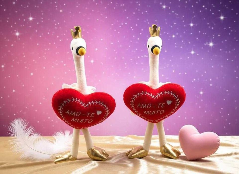 Um cisne de peluche com um coração vermelho gravado com "amo-te" no peito, perfeito para decoração e como presente de Dia dos Namorados.