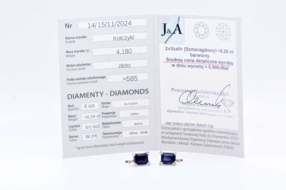 Eleganckie i wytworne kolczyki duże szafiry szlif szmaragdowy brylanty
